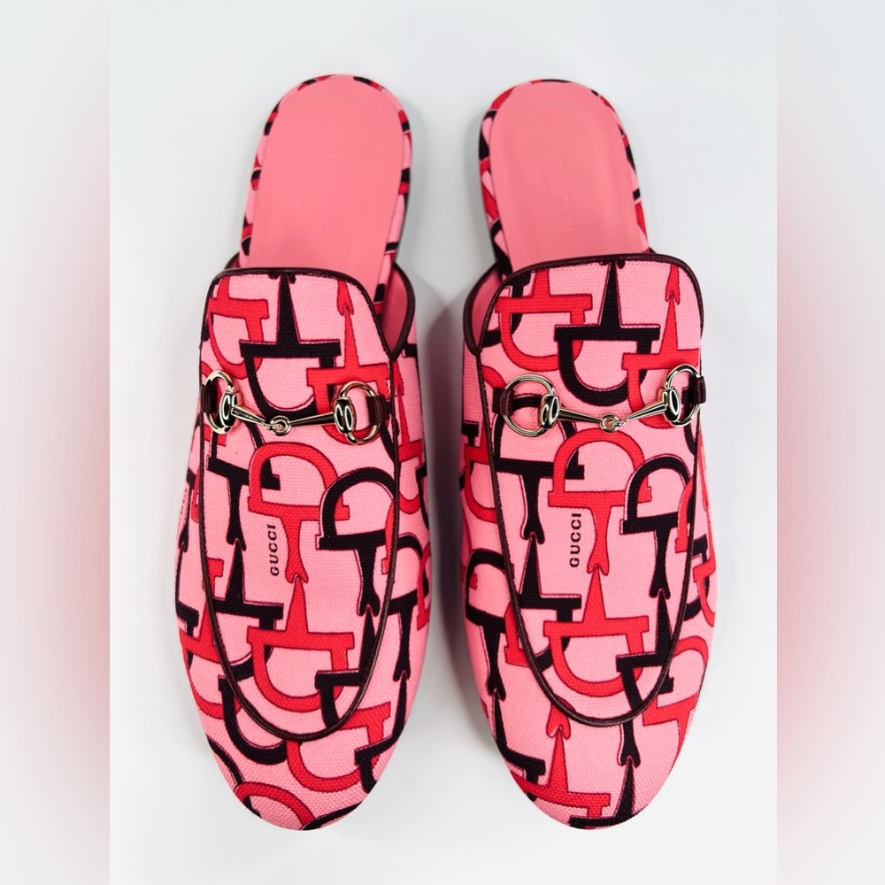 Gucci Princetown Horsebit Logo Print Pink Fabric Flat Loafer Mules Size EU 40.5